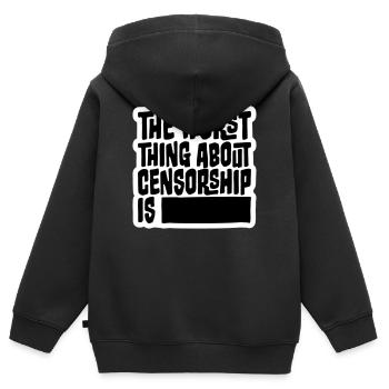 The Worst Thing About Censorship Is Lustig Ironie - Kinder Premium Organic Zip Hoodie - Schwarz - Hinten - AI Model Kid Male (0cm)