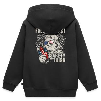 La liberté d’abord, la sécurité en troisième place, Fra - Sweat Premium à capuche zippé enfant bio - noir - Dos - AI Model Kid Male (0cm)