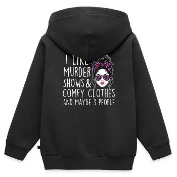 Meurtre montre des vêtements confortables 3 personnes - Sweat Premium à capuche zippé enfant bio - noir - Dos - AI Model Kid Male (0cm)