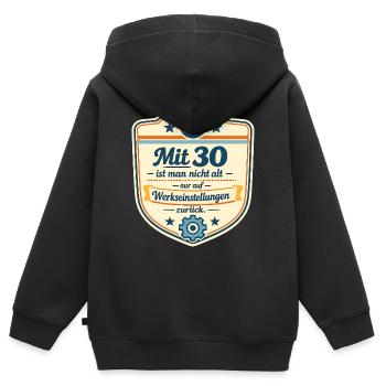 Mit 30 Zurück auf Werkseinstellungen - Kinder Premium Organic Zip Hoodie - Schwarz - Hinten - AI Model Kid Male (0cm)