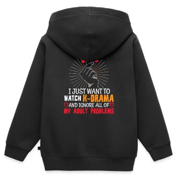 Évasion K-drama : Ignorer les malheurs d’adultes - Sweat Premium à capuche zippé enfant bio - noir - Dos - AI Model Kid Male (0cm)