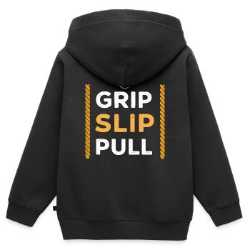 Grip Slip Pull: Prise et Force - Sweat Premium à capuche zippé enfant bio - noir - Dos - AI Model Kid Male (0cm)