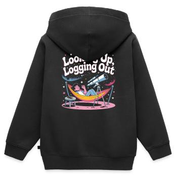 Chercher hors ligne | Observateur des étoiles - Sweat Premium à capuche zippé enfant bio - noir - Dos - AI Model Kid Male (0cm)