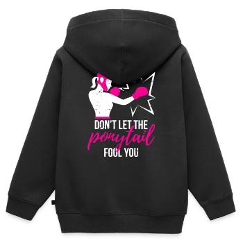 Punchy Ponytail Power - Kinder Premium Organic Zip Hoodie - Schwarz - Hinten - AI Model Kid Male (0cm)