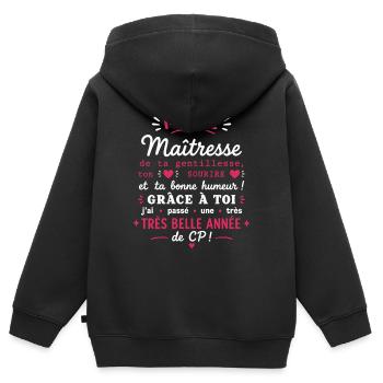 Merci Maîtresse - Très Belle Année CP - Sweat Premium à capuche zippé enfant bio - noir - Dos - AI Model Kid Male (0cm)