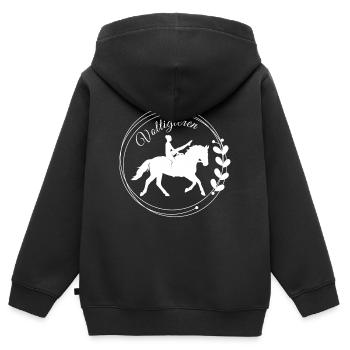 Voltigieren Mühle: Volti Pferdesport Pflichtübung - Kinder Premium Organic Zip Hoodie - Schwarz - Hinten - AI Model Kid Male (0cm)