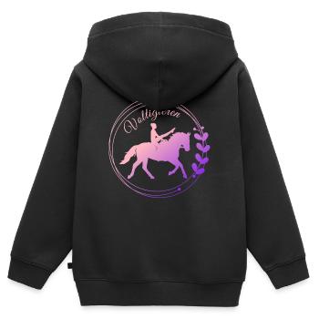 Voltigieren Mühle: Volti Pferdesport Pflichtübung - Kinder Premium Organic Zip Hoodie - Schwarz - Hinten - AI Model Kid Male (0cm)