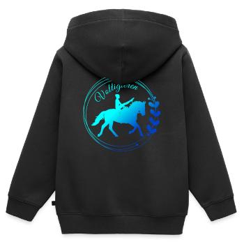 Voltigieren Mühle: Volti Pferdesport Pflichtübung - Kinder Premium Organic Zip Hoodie - Schwarz - Hinten - AI Model Kid Male (0cm)