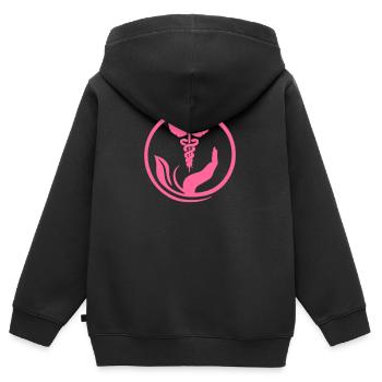 Main bienveillante et Caducée rose - Sweat Premium à capuche zippé enfant bio - noir - Dos - AI Model Kid Male (0cm)