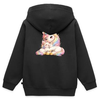 Maman licorne câlinée contre son bébé - Sweat Premium à capuche zippé enfant bio - noir - Dos - AI Model Kid Male (0cm)