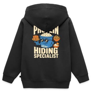 Cadeau de collation riche en protéines pour les amateurs de gastronomie - Sweat Premium à capuche zippé enfant bio - noir - Dos - AI Model Kid Male (0cm)