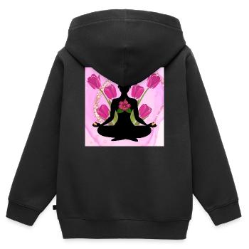 Silhouette méditative hibiscus roses - Sweat Premium à capuche zippé enfant bio - noir - Dos - AI Model Kid Male (0cm)