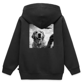 Chien Golden Retriever drôle avec un extraterrestre OVNI - Sweat Premium à capuche zippé enfant bio - noir - Dos - AI Model Kid Male (0cm)