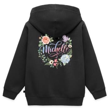 Nom floral Michelle - Sweat Premium à capuche zippé enfant bio - noir - Dos - AI Model Kid Male (0cm)