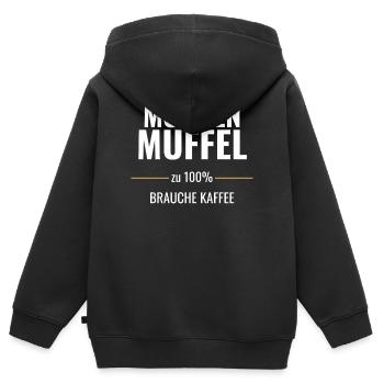Morgenmuffel zu 100% – Brauche Kaffee - Kinder Premium Organic Zip Hoodie - Schwarz - Hinten - AI Model Kid Male (0cm)