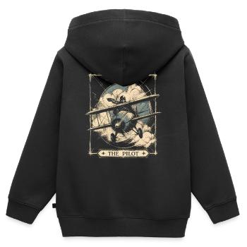 Art d’aviation vintage style Pilot Arcana - Sweat Premium à capuche zippé enfant bio - noir - Dos - AI Model Kid Male (0cm)