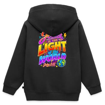 Jésus-Lumière Monde VBS Jean 8:12 - Sweat Premium à capuche zippé enfant bio - noir - Dos - AI Model Kid Male (0cm)