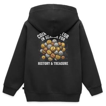 Collectionneurs de pièces à la recherche d’histoire - Sweat Premium à capuche zippé enfant bio - noir - Dos - AI Model Kid Male (0cm)