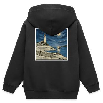 Illustration rétro du phare au clair de lune - Sweat Premium à capuche zippé enfant bio - noir - Dos - AI Model Kid Male (0cm)