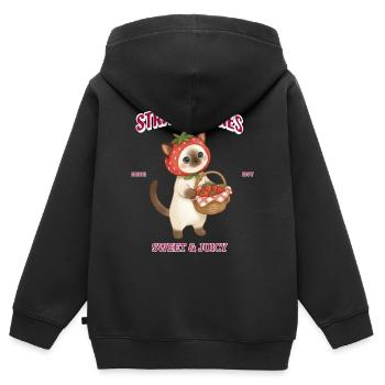 Chat à la fraise sucré et juteux - Sweat Premium à capuche zippé enfant bio - noir - Dos - AI Model Kid Male (0cm)