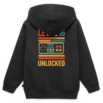 Niveau 16 Débloqué 16e anniversaire - Sweat Premium à capuche zippé enfant bio - noir - Dos - AI Model Kid Male (0cm)