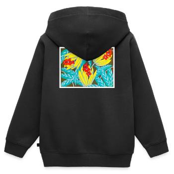 Explosion de tournesol dans le feuillage sarcelle - Sweat Premium à capuche zippé enfant bio - noir - Dos - AI Model Kid Male (0cm)
