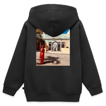 Portrait mural au-dessus de la place du marché - Sweat Premium à capuche zippé enfant bio - noir - Dos - AI Model Kid Male (0cm)