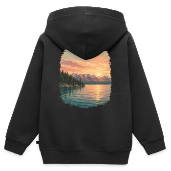 Coucher de soleil au lac de la montagne - Sweat Premium à capuche zippé enfant bio - noir - Dos - AI Model Kid Male (0cm)