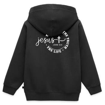 Jésus Voie Vérité Cercle de Vie Design Foi Dieu - Sweat Premium à capuche zippé enfant bio - noir - Dos - AI Model Kid Male (0cm)