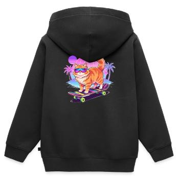Retro Synthwave Cat Skateboard - Sweat Premium à capuche zippé enfant bio - noir - Dos - AI Model Kid Male (0cm)
