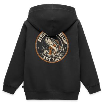 Motif de pêcheur retraité et en train de reprendre en 2026 - Sweat Premium à capuche zippé enfant bio - noir - Dos - AI Model Kid Male (0cm)