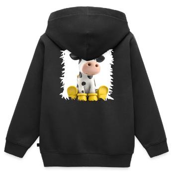 Kuh mit Gelben Stiefeln Cartoon - Kinder Premium Organic Zip Hoodie - Schwarz - Hinten - AI Model Kid Male (0cm)