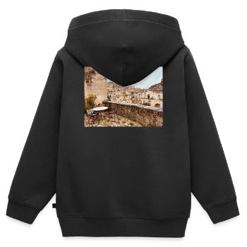 Terrasse in einem Steindorf - Kinder Premium Organic Zip Hoodie - Schwarz - Hinten - AI Model Kid Male (0cm)