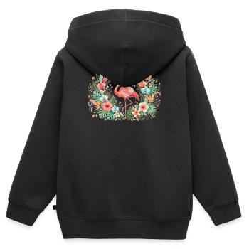Flamingo im tropischen Blumenkranz - Kinder Premium Organic Zip Hoodie - Schwarz - Hinten - AI Model Kid Male (0cm)
