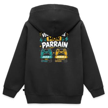 Veux-tu être mon parrain, Demande parrain gamer - Sweat Premium à capuche zippé enfant bio - noir - Dos - AI Model Kid Male (0cm)