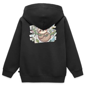 Niedliches Faultier auf Ast mit Blumen - Kinder Premium Organic Zip Hoodie - Schwarz - Hinten - AI Model Kid Male (0cm)