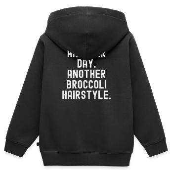 Ein weiterer Tag – eine weitere Brokkolifrisur - Kinder Premium Organic Zip Hoodie - Schwarz - Hinten - AI Model Kid Male (0cm)