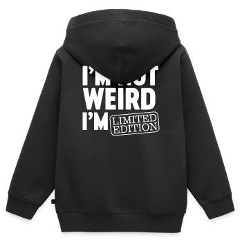 Ich bin nicht komisch, ich bin Limited Edition, ich bin lustiges Design. - Kinder Premium Organic Zip Hoodie - Schwarz - Hinten - AI Model Kid Male (0cm)