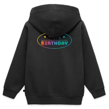 Tshirt joyeux anniversaire ovale bunt - Sweat Premium à capuche zippé enfant bio - noir - Dos - AI Model Kid Male (0cm)