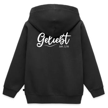Geliebt, Bibelvers - Kinder Premium Organic Zip Hoodie - Schwarz - Hinten - AI Model Kid Male (0cm)