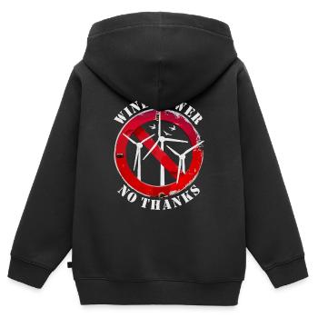 Énergie éolienne Non merci, non à l’énergie éolienne - Sweat Premium à capuche zippé enfant bio - noir - Dos - AI Model Kid Male (0cm)