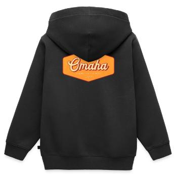 Insigne rétro d’Omaha : Porte d’entrée vers l’Ouest - Sweat Premium à capuche zippé enfant bio - noir - Dos - AI Model Kid Male (0cm)