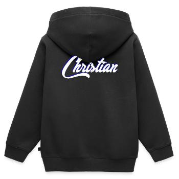 Lettrage de nom de baptême personnalisé - Sweat Premium à capuche zippé enfant bio - noir - Dos - AI Model Kid Male (0cm)