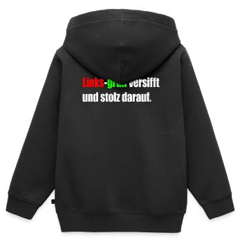 Links-grün versifft und stolz darauf. - Kinder Premium Organic Zip Hoodie - Schwarz - Hinten - AI Model Kid Male (0cm)