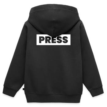 Conception de la presse en disant « PRESS » Journalistes d’information - Sweat Premium à capuche zippé enfant bio - noir - Dos - AI Model Kid Male (0cm)
