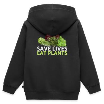 Sauver des vies Manger des plantes Sauvetage d’animaux Droits des animaux - Sweat Premium à capuche zippé enfant bio - noir - Dos - AI Model Kid Male (0cm)