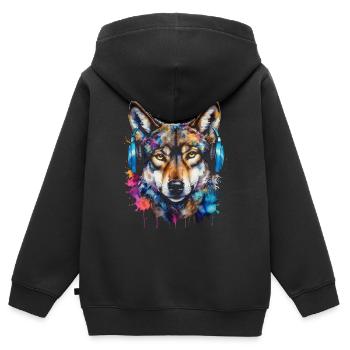 Wolf Kopfhörer Musik Bunt Tier Design Print - Kinder Premium Organic Zip Hoodie - Schwarz - Hinten - AI Model Kid Male (0cm)