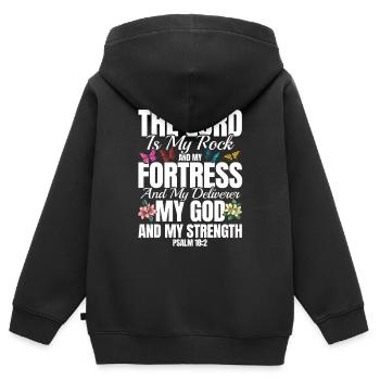 Religiös Inspirierend Bibelvers Geschenk - Kinder Premium Organic Zip Hoodie - Schwarz - Hinten - AI Model Kid Male (0cm)