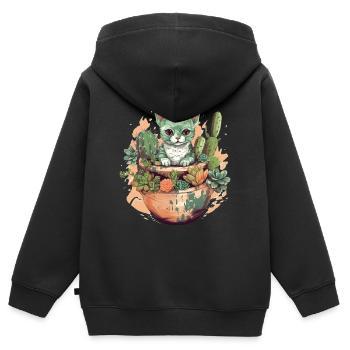 Chat en pot de téracotta avec cactus - Sweat Premium à capuche zippé enfant bio - noir - Dos - AI Model Kid Male (0cm)