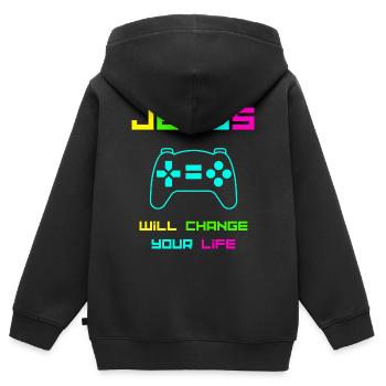 Jésus changera la couleur de votre vie - Sweat Premium à capuche zippé enfant bio - noir - Dos - AI Model Kid Male (0cm)